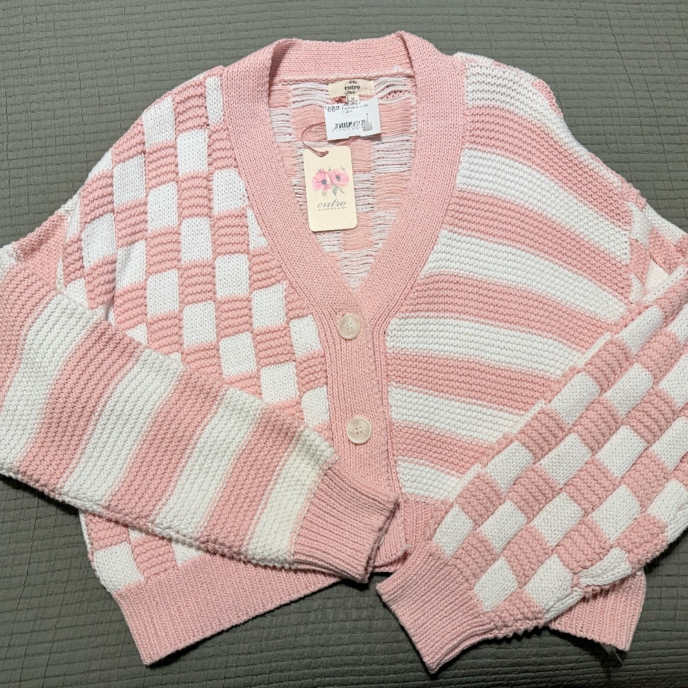 Entro Pink and White Checkered Cardigan - Size Medium